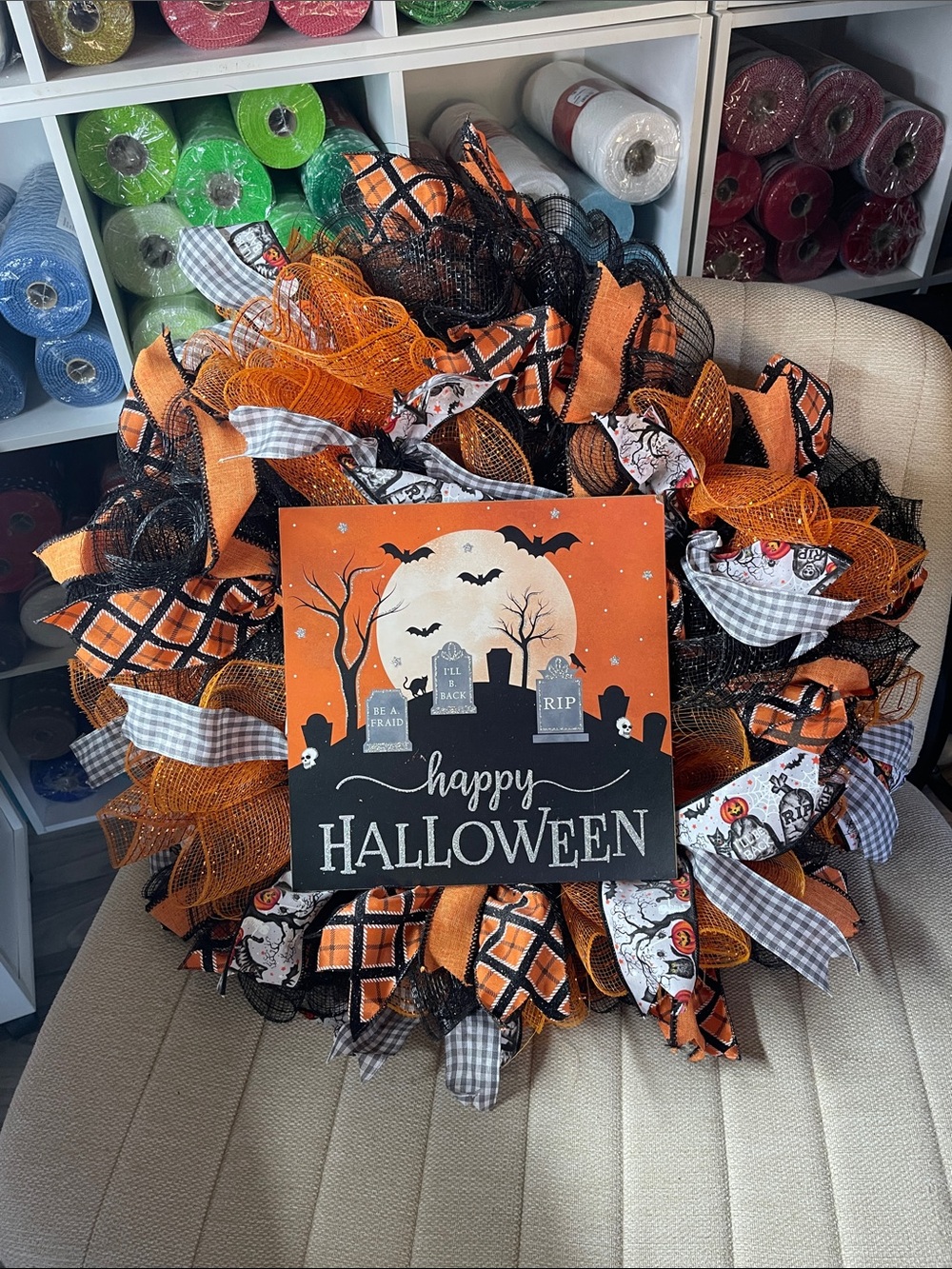 Halloween Wreath - Orange & Black Happy Halloween Door Décor + Door Hanger